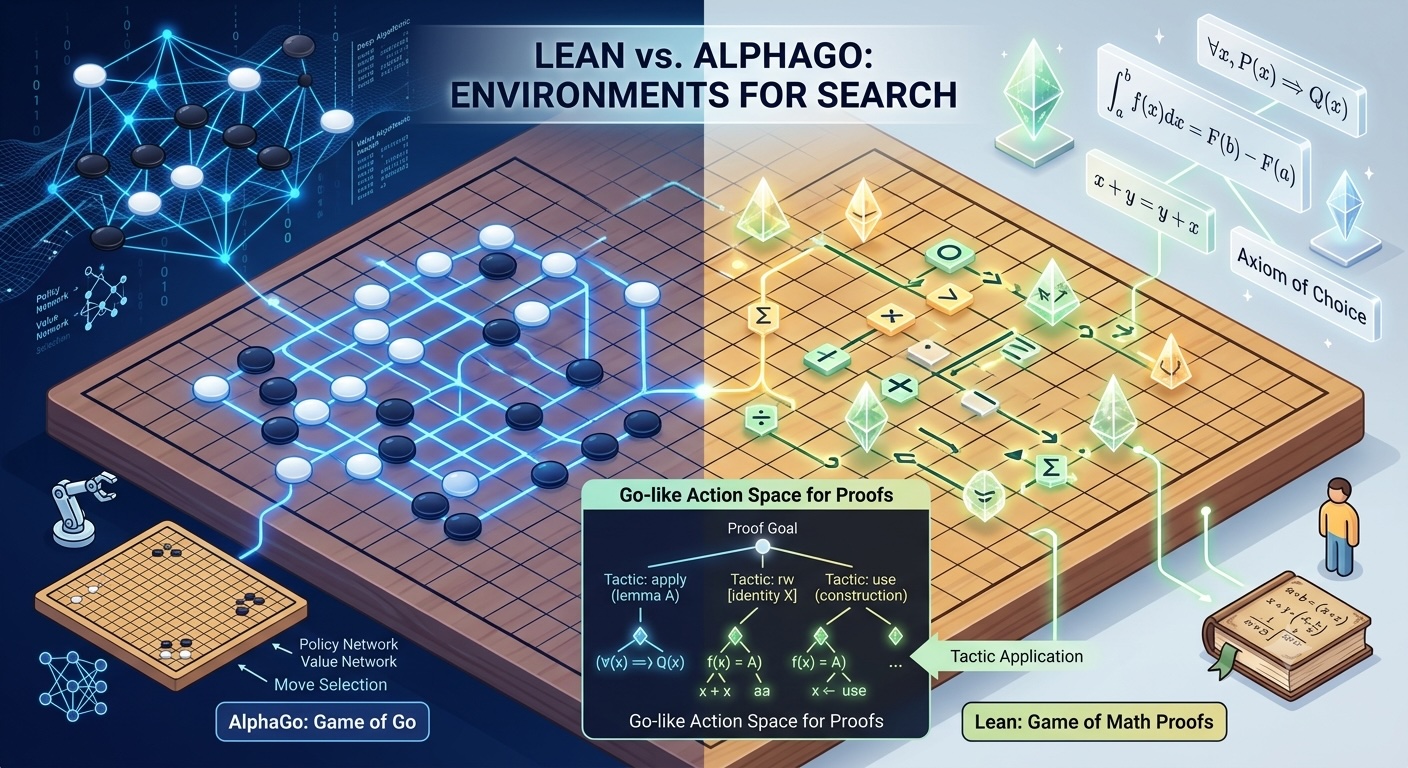 AlphaGo's game of Go vs. Lean's game of math proofs